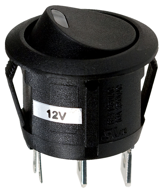 R13-112LBBOTR3-G, переключатель клавишный ON-OFF 250B 6A черный с красный подсветкой