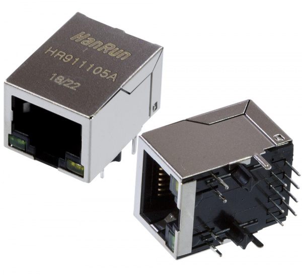 HR911105A, 8P8C розетка на плату RJ45 10/100Мб