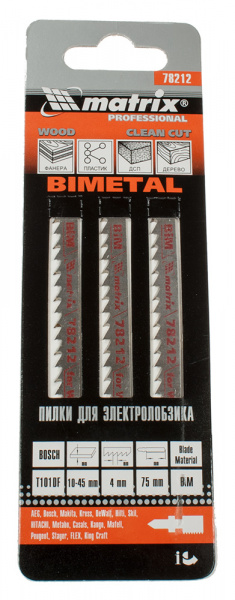 78212, полотно для электрического лобзика по дереву 75х4мм Bimetell Т101DF 3шт.