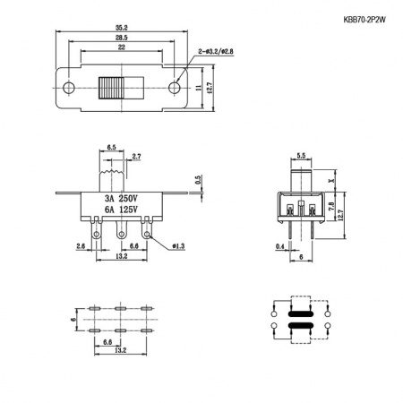 Движковый переключатель KBB70-2P2W on-on