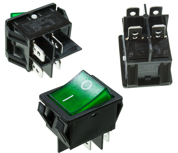 R595BGNBT2-G, переключатель клавишный 2хON-OFF с зеленой подсветкой 250В 16A (аналог B127A)