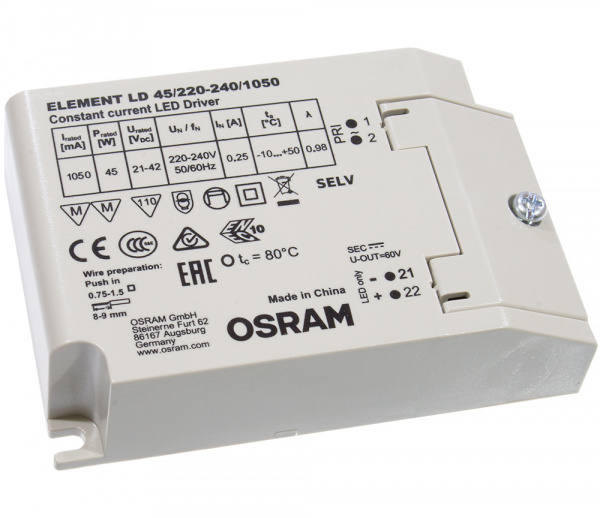 ELEMENT LD 45/220-240/1A0, LED драйвер SELV, 45Вт, выход 1050мА,IP 20