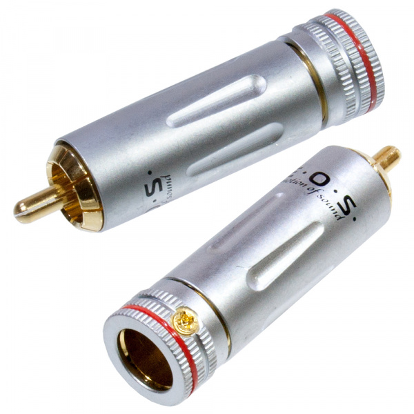 1-222G RED, штекер RCA металл цанга на кабель d до 9.0мм красный "позолоченный"