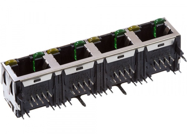 5406552-1, 8P8C модульный угловой RJ45 разъем 4 порта светодиод зеленый желтый