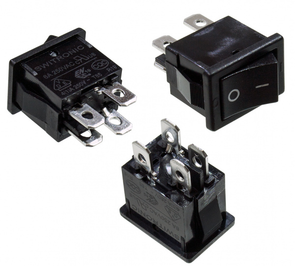 R19-20BBBT-G, переключатель клавишный 2xON-OFF 250В 6А черный (аналог B100R-BL SWR45)